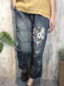 Floral Embroidery Women Ripped Denim