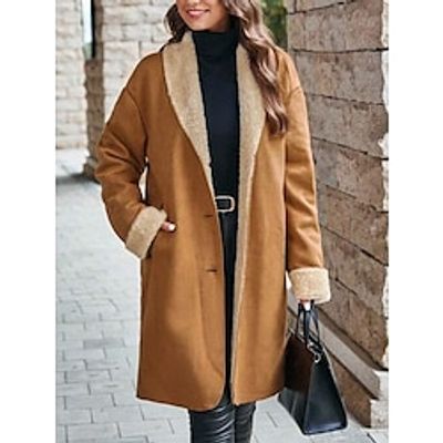 Women's Shearling Coat Suede Fleece Jacket Sherpa Jacket Winter Coat Windproof Thermal Warm Teddy Coat with Pocket Single Breasted Lapel Outerwear Long Sleeve Lightinthebox