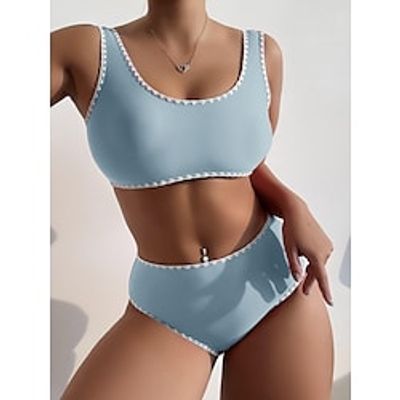 Women's Swimwear Bikini Normal Swimsuit 2 Piece Solid Color Light Blue Black Red Purple Rose Red Bandeau Bathing Suits Sports Summer miniinthebox