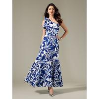 Satin Sleeveless Ruffle Flower One Shoulder Elegant Maxi Dress