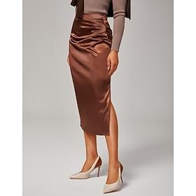 Women's Stretch Pearlescent Satin Elastic Waist Midi Skirt Elegant Office Party Wear