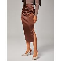 Women's Stretch Pearlescent Satin Elastic Waist Midi Skirt Elegant Office Party Wear