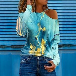 Women's T shirt Tee White Blue Green Graphic Cut Out Print Long Sleeve Daily Weekend Basic Round Neck Regular Abstract Painting S Lightinthebox