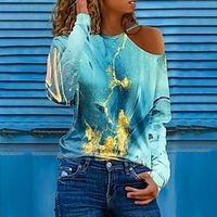 Women's T shirt Tee White Blue Green Graphic Cut Out Print Long Sleeve Daily Weekend Basic Round Neck Regular Abstract Painting S Lightinthebox - thumbnail