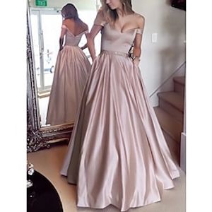 Ball Gown Evening Gown Party Dress Formal Floor Length Sleeveless Off Shoulder Satin with Pleats Crystals 2023 Lightinthebox