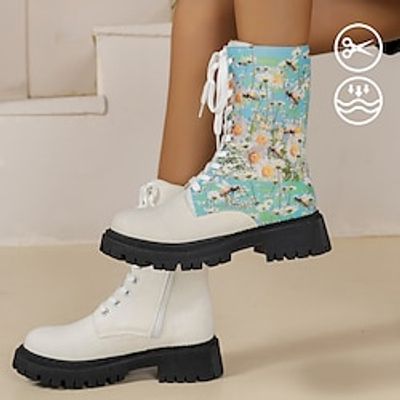 Women's Sunflower Bee Blue Green Watercolor Oil Painting Art Graphic Print Plush Warm Casual Thick-Soled Mid-calf Boots miniinthebox