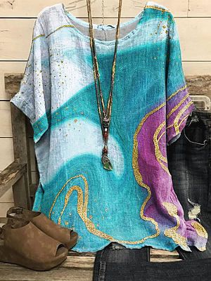 Round Neck Casual Loose Bronzing Printed Short-sleeved Blouse