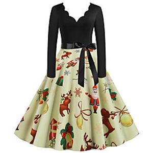 Women's A Line Dress Knee Length Dress Wine Gray Green White Black Red Navy Blue Beige Long Sleeve Print Plaid Bow Print Fall Winter V Neck Casual Vintage Christmas 2021 S M L XL XXL 3XL miniinthebox