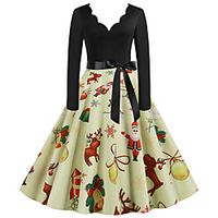 Women's A Line Dress Knee Length Dress Wine Gray Green White Black Red Navy Blue Beige Long Sleeve Print Plaid Bow Print Fall Winter V Neck Casual Vintage Christmas 2021 S M L XL XXL 3XL miniinthebox - thumbnail