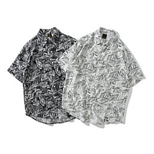 Men's Shirt Other Prints Graphic Leaves Button-Down Print Short Sleeve Casual Tops 100% Cotton Basic Hawaiian Distressed White Black Lightinthebox