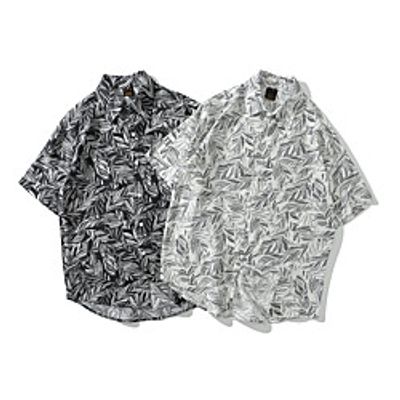 Men's Shirt Other Prints Graphic Leaves Button-Down Print Short Sleeve Casual Tops 100% Cotton Basic Hawaiian Distressed White Black Lightinthebox