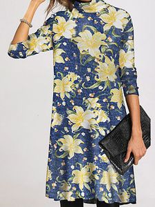 Casual Floral Tunic High Neckline A-line Dress