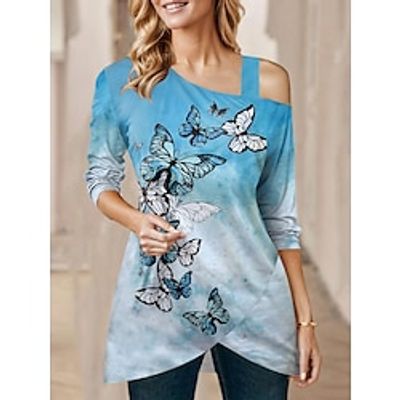 Women's T shirt Tee Blue Purple Butterfly Asymmetrical Print Long Sleeve Daily Weekend Fashion One Shoulder Regular Fit Butterfly Painting Spring   Fall Lightinthebox