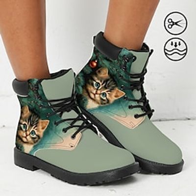 Women's Boots Print Shoes Xmas Shoes Combat Boots Party Outdoor Christmas Cat Christmas Tree Booties Ankle Boots Winter Flat Heel Round Toe Closed Toe Fashion Casual Faux Leather Lace-up Green Lightinthebox