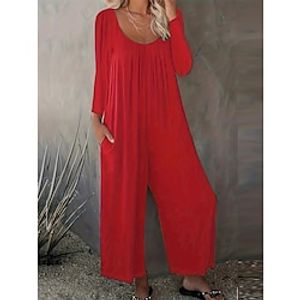 Women's Jumpsuit Print Pocket Solid Color U Neck Ordinary Daily Holiday Regular Fit Long Sleeve Black Red S M L Fall miniinthebox