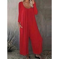 Women's Jumpsuit Print Pocket Solid Color U Neck Ordinary Daily Holiday Regular Fit Long Sleeve Black Red S M L Fall miniinthebox - thumbnail