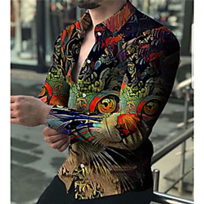 Men's Shirt 3D Print Cat Animal Turndown Street Casual Button-Down Print Long Sleeve Tops Casual Fashion Breathable Black / Spring / Summer miniinthebox
