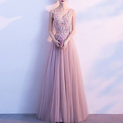 A-Line Elegant Floral Engagement Prom Dress V Neck Sleeveless Floor Length Tulle with Embroidery Appliques 2021 Lightinthebox A-Line Elegant Floral Engagement Prom Dress V Neck Sleeveless Floor Length Tulle with Embroidery Appliques 2021 Lightinthebox