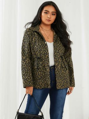 YOINS Plus Size Lapel Collar Animal Leopard Drawstring Side Pockets Long Sleeves Coat YOINS Plus Size Lapel Collar Animal Leopard Drawstring Side Pockets Long Sleeves Coat