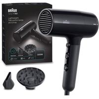 Braun Hairdryer HD2.2 Hair Dryer, 2200 W, +2 Attachments, Large Diffuser & Nozzle, Pivot Cord Guard, Ionic Function, Ion Black - BRHD225SDE