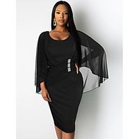 Women's A Line Dress Knee Length Dress Blue Black Long Sleeve Solid Color Ruched Patchwork Summer Round Neck Elegant Party Batwing Sleeve Slim 2021 S M L XL XXL 3XL miniinthebox - thumbnail