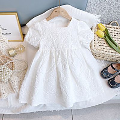 Kids Little Girls' Dress Plain Solid Colored Daily Vacation Ruched Print White Above Knee Short Sleeve Elegant Princess Dresses Spring Summer Loose 2-6 Years miniinthebox