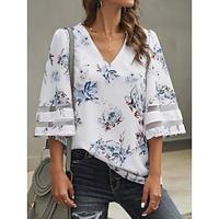 Women's Shirt Blouse Floral Daily Vacation Mesh Print White 3/4 Length Sleeve Casual V Neck Spring Summer Lightinthebox