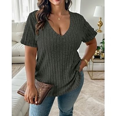 Women's T shirt Tee Ribbed Plain Black Green Khaki Short Sleeve Daily Weekend Fashion V Neck Regular Fit Spring  Summer Lightinthebox