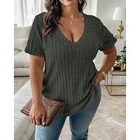 Women's T shirt Tee Ribbed Plain Black Green Khaki Short Sleeve Daily Weekend Fashion V Neck Regular Fit Spring  Summer Lightinthebox - thumbnail