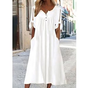 Women's Casual Dress Shift Dress White Dress Midi Dress White Short Sleeve Pure Color Button Fall Spring Summer V Neck Basic Daily Vacation Loose Fit 2022 S M L XL XXL 3XL Lightinthebox