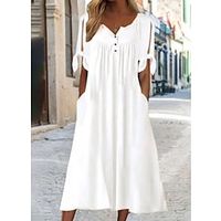 Women's Casual Dress Shift Dress White Dress Midi Dress White Short Sleeve Pure Color Button Fall Spring Summer V Neck Basic Daily Vacation Loose Fit 2022 S M L XL XXL 3XL Lightinthebox - thumbnail