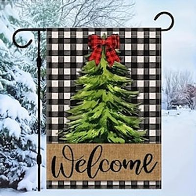 Welcome Christmas Pine Tree Home Decorative Garden Flag, Xmas Yard Lawn Buffalo Plaid Check Outside Decor, Winter Farmhouse Outdoor Small Burlap Decoration, Double Sided 12 X 18 Inch miniinthebox