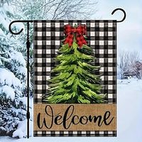 Welcome Christmas Pine Tree Home Decorative Garden Flag, Xmas Yard Lawn Buffalo Plaid Check Outside Decor, Winter Farmhouse Outdoor Small Burlap Decoration, Double Sided 12 X 18 Inch miniinthebox - thumbnail