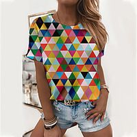 Women's Geometric T shirt Color Block Geometric Print Round Neck Basic Tops Rainbow miniinthebox - thumbnail