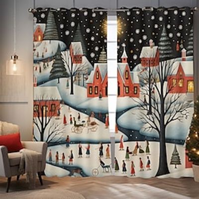 Christmas Blackout Curtains, Snow Curtains for Bedroom Living Room Thermal Insulated Curtains, Window Treatments Patterned Drapes Panels Folk Art Lightinthebox