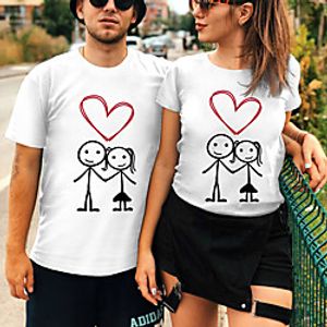 Women's Valentine's Day Painting Couple T shirt Heart Print Round Neck Basic Tops White Black miniinthebox