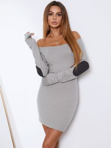 YOINS Grey Patch On The Elbow Round Neck Long Sleeves Mini Dress