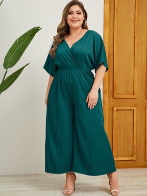 YOINS Plus Size Green Side Pockets Half Sleeves Jumpsuit YOINS Plus Size Green Side Pockets Half Sleeves Jumpsuit
