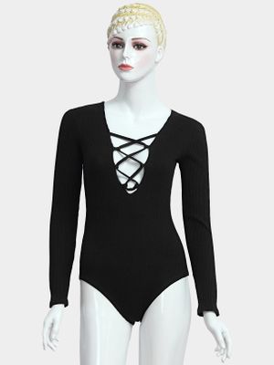 Black Lace Up Bodysuit In Knit