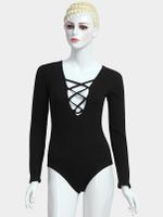 Black Lace Up Bodysuit In Knit - thumbnail