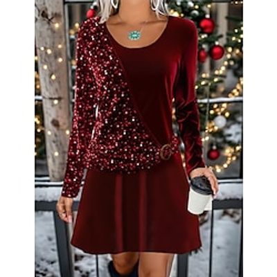 Women's Christmas Dress Casual Dress Velvet Dress Mini Dress Patchwork Fake two piece Christmas Street Daily Fashion Ugly Crew Neck Long Sleeve 2023 Regular Fit Wine Color S M L XL XXL Size Lightinthebox Women's Christmas Dress Casual Dress Velvet Dress Mini Dress Patchwork Fake two piece Christmas Street Daily Fashion Ugly Crew Neck Long Sleeve 2023 Regular Fit Wine Color S M L XL XXL Size Lightinthebox
