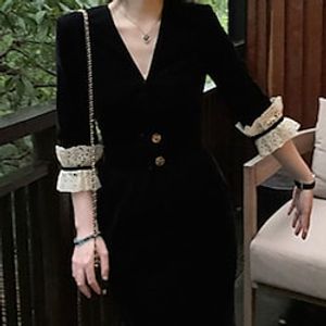 Women's Velvet Dress Black Dress Short Mini Dress Black 3/4 Length Sleeve Color Block Embroidered Button Velvet Fall Winter V Neck Stylish Modern Mature 2022 S M L XL miniinthebox