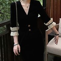 Women's Velvet Dress Black Dress Short Mini Dress Black 3/4 Length Sleeve Color Block Embroidered Button Velvet Fall Winter V Neck Stylish Modern Mature 2022 S M L XL miniinthebox - thumbnail