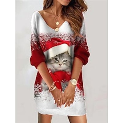 Women's Christmas Dress Sweatshirt Dress Mini Dress Warm Active Outdoor Christmas Vacation V Neck Print Cat Christmas Hat Loose Fit Wine Blue Purple S M L XL XXL miniinthebox