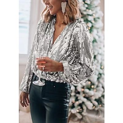 Women's Shirt Blouse Silver White Blue Sparkly Sequins Long Sleeve Party Christmas Fashion V Neck Regular Fit Lantern Sleeve Spring   Fall Lightinthebox