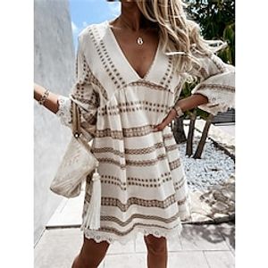 Women's Casual Dress Summer Dress Geometric Color Block Lace Patchwork V Neck Mini Dress Bohemia Boho Holiday Vacation 34 Length Sleeve Loose Fit Black Apricot Summer S M L XL 2XL Lightinthebox