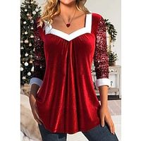 Women's Shirt Blouse Velvet Sparkly Red Sequins Flowing tunic Long Sleeve Party Casual Fashion Square Neck Regular Fit Fall  Winter Lightinthebox - thumbnail