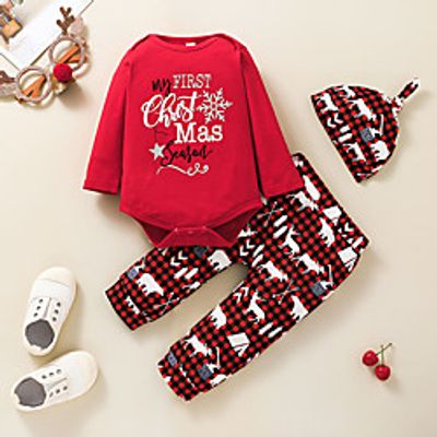 3 Pieces Baby Unisex Boys' Girls' Casual / Daily Cute Letter Animal Print Long Sleeve Regular Clothing Set Red miniinthebox