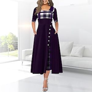 Women's Work Dress Swing Dress Plaid Dress Midi Dress Black Yellow Wine Half Sleeve Plaid Patchwork Summer Spring Crew Neck Modern Winter Dress Office Birthday 2023 S M L XL XXL 3XL 4XL 5XL miniinthebox