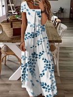 Casual Leaf Print Square Collar Short Sleeve Maxi Dress - thumbnail